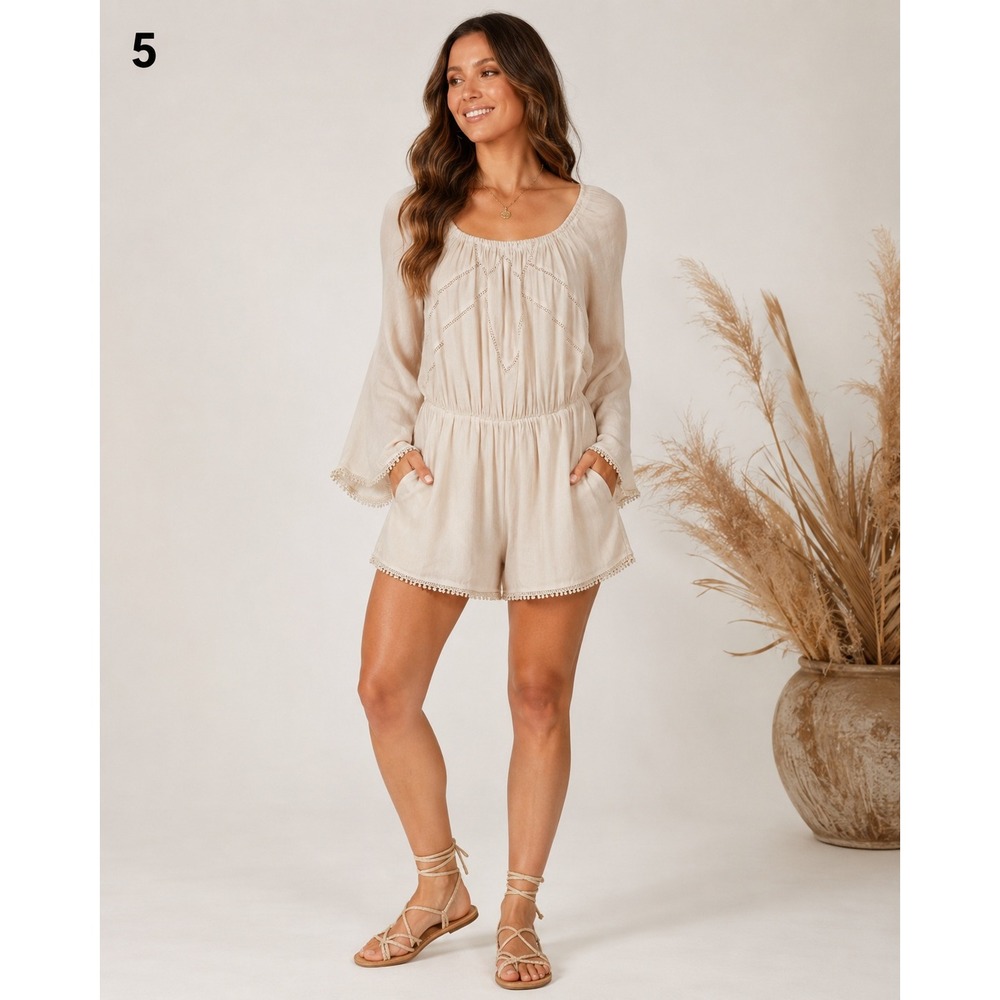 Romeo & Juliet Couture Off Shoulder Romper Womens M Cream Boho Cowgirl Pockets